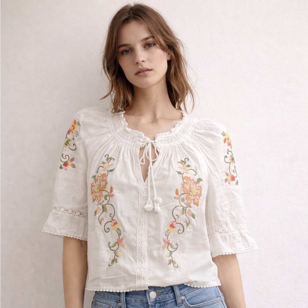 F009. Embroidered Peasant Blouse with Floral Accents cotton